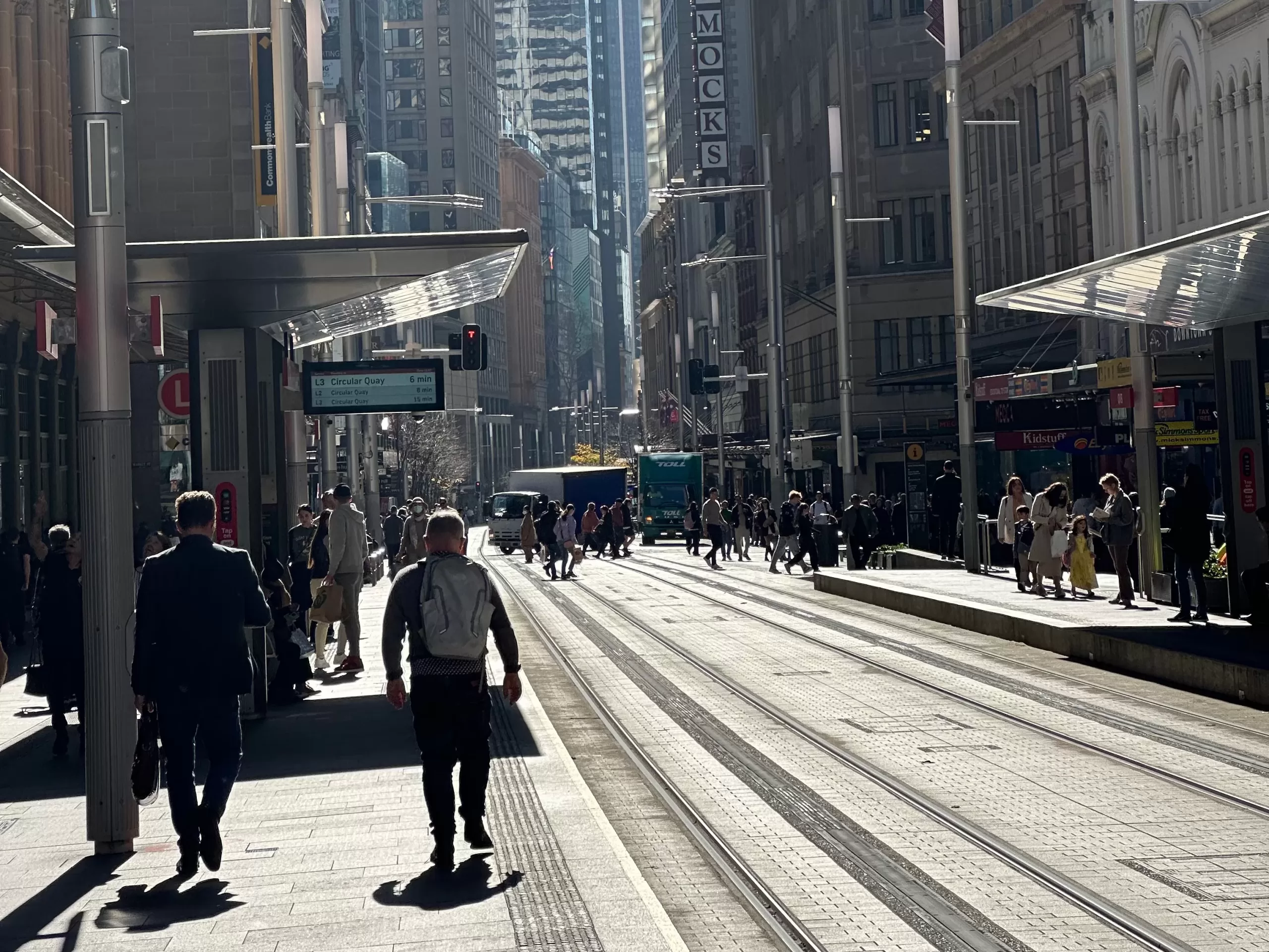 Insolvency negotiations expertise showcased: Professionals walking down George Street in Sydney, reflecting the city's bustling commercial landscape.