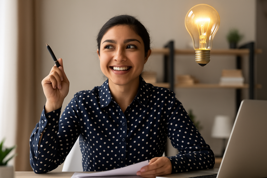 Trademark registration Australia – a young woman sits at her desk, inspired by a new business idea, gazing at a glowing lightbulb symbolising innovation, ready to protect her brand through trademark registration.
