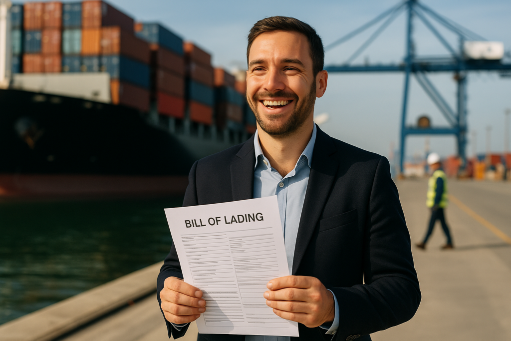 Exporting goods from Australia: A professionally dressed man in his mid-30s smiles while holding a "BILL OF LADING" at a busy shipping port, with cargo containers, a docked ship, and workers in the background, symbolising successful legal support for international trade.