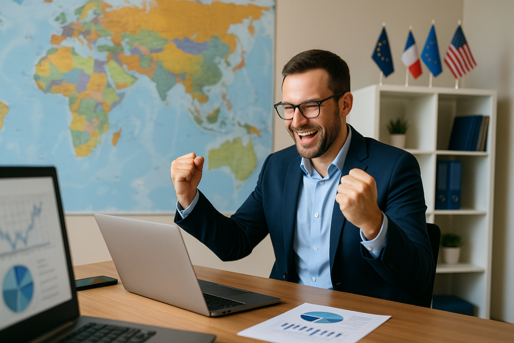 International Trade Lawyer helps client achieve global compliance and strategic success, celebrating in modern office with world map and trade charts.