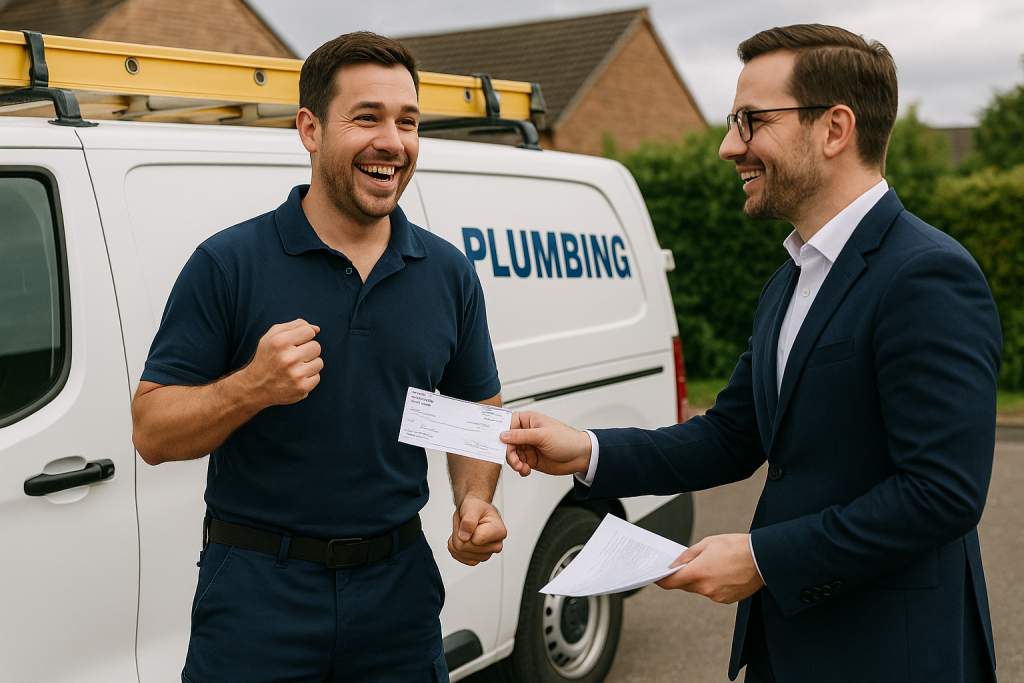 Debt Recovery Lawyer Sydney handing a settlement cheque to a smiling plumber in front of his van, showing successful debt recovery for unpaid services.
