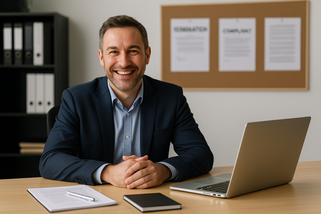 ChatGPT said: Employment Lawyer Sydney helping a business client resolve staff termination and complaint issues; the client, smiling confidently at a desk with documents and a laptop, reflects relief and satisfaction after navigating workplace legal challenges successfully.