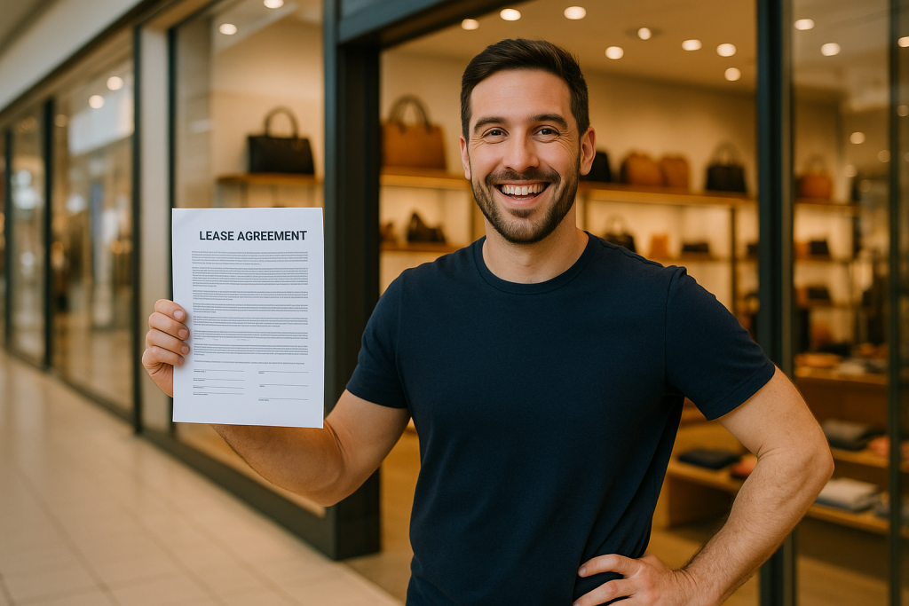 Commercial lease lawyers Sydney—client celebrating successful lease negotiation in modern office setting.