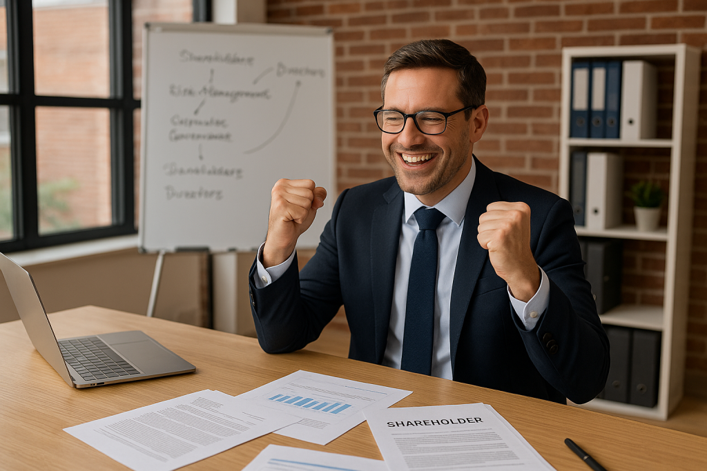 Corporate Governance Lawyer Sydney helps business client achieve compliance and avoid disputes, shown celebrating in office with shareholder documents and board meeting materials.