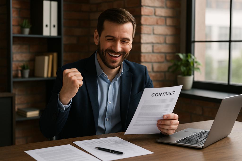Contract lawyer Sydney helping client close a successful deal—man smiling while reviewing a finalised contract in a modern office setting.