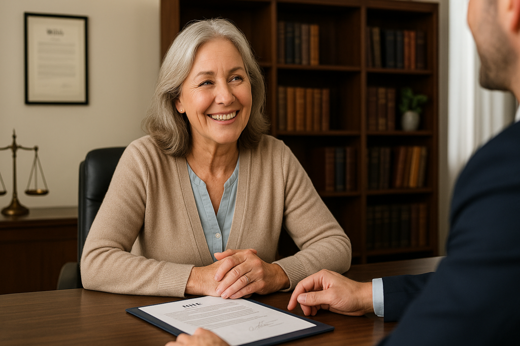 Wills and Estate Lawyer helping a happy client finalise her will in a professional office setting.