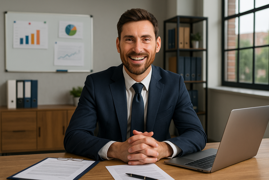 Commercial lawyer Sydney client smiling in office after resolving legal contract issues and avoiding disputes.