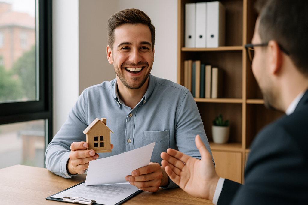 Property lawyer Sydney client smiling after successful contract review and settlement, holding house model in real estate office.