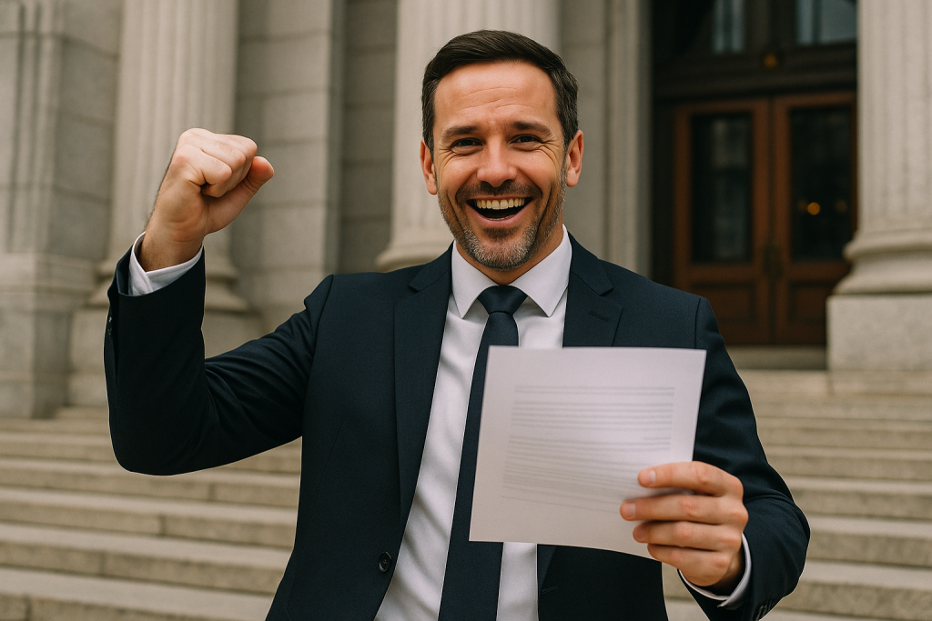 Litigation lawyer Sydney client celebrating legal victory outside courthouse, holding legal document with raised fist in triumph.