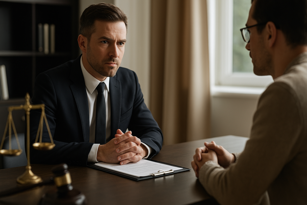 Litigation Lawyer meeting with a client in a modern office, discussing legal strategy and dispute resolution options.