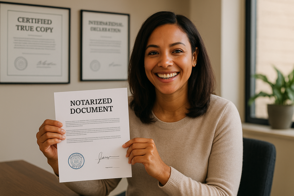 Notary Public client smiling while holding a notarised document, with framed certificates in the background showing certified true copy and international declaration.