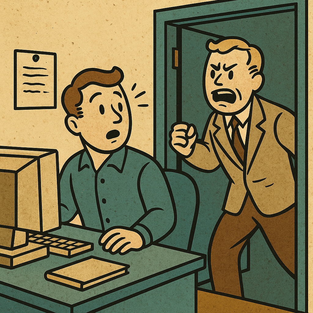 Technology contract disputes Australia illustrated as a retro-style image showing a surprised IT worker at his desk being confronted by an angry client at the door, symbolising communication breakdown in projects.