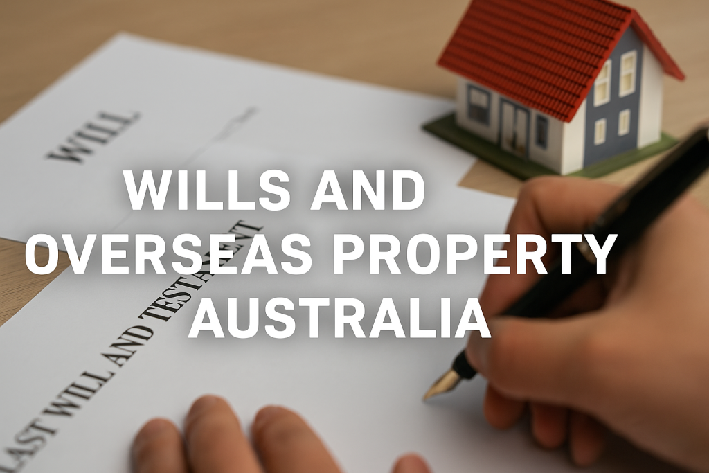 Close-up of a person signing a last will and testament with documents and a model house, symbolising overseas property and estate planning.