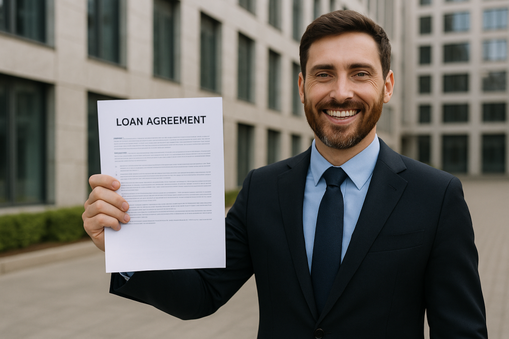 Banking & Finance Lawyer client holding a Loan Agreement outside a modern office building, smiling with visible relief and satisfaction after finalising finance terms.