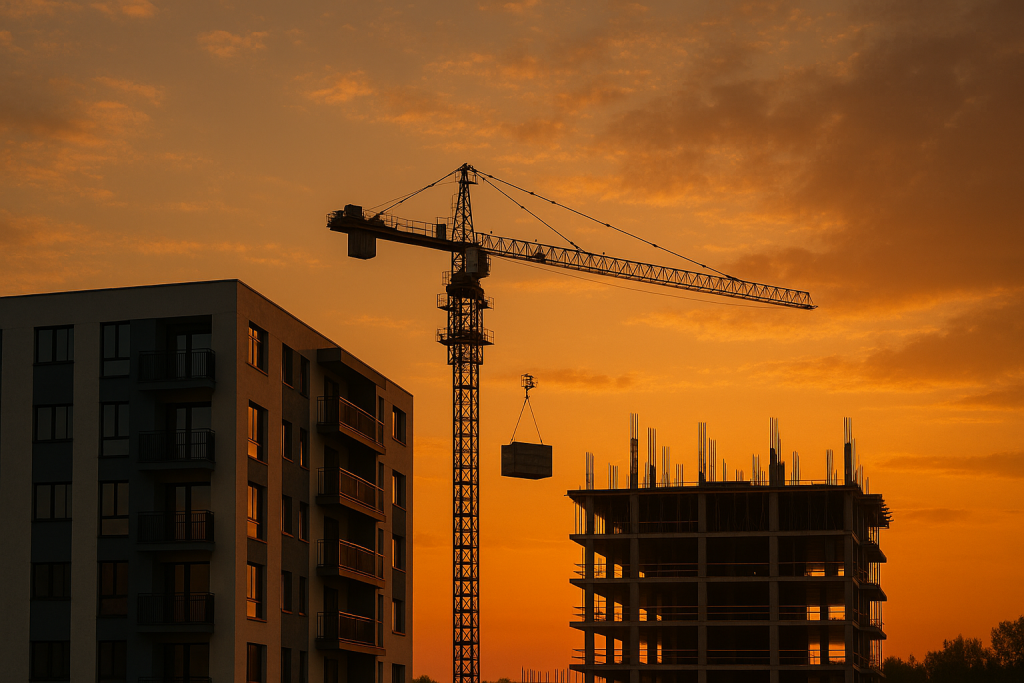 Buying a property off plan — sunset view of a crane and modern apartment buildings under construction.