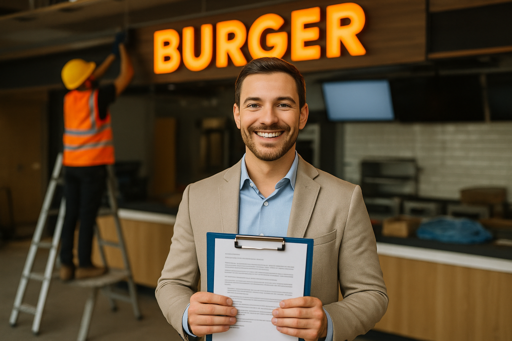 Franchise Agreement lawyer helps client confidently launch new franchise business, pictured smiling inside store under construction.