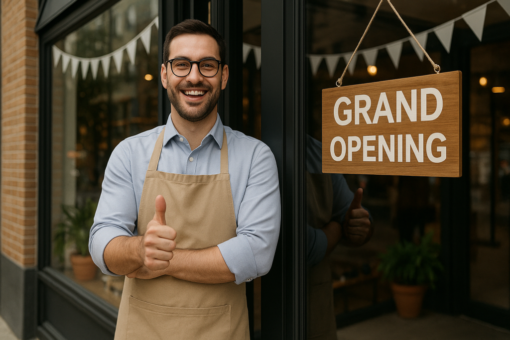 Company incorporation lawyer helps business owner launch successfully – smiling man stands in front of his shop on grand opening day, giving a thumbs up.