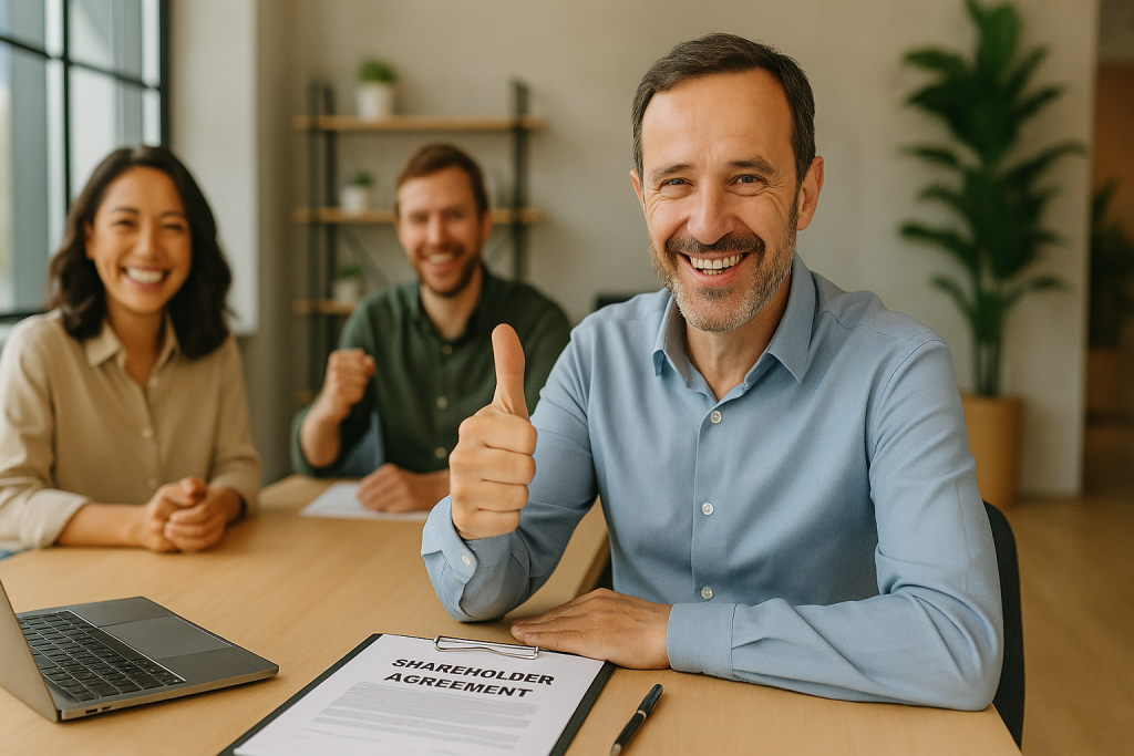 Shareholders agreement successfully finalised with lawyer and startup founders smiling in modern office